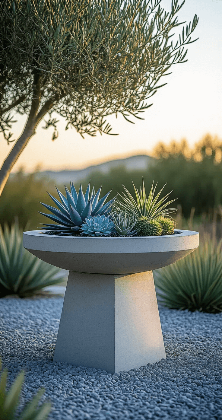 Bird Baths with Flowers: A Garden Lover's Ultimate Guide to Stunning Outdoor Decor A modern concrete bird bath, 24 inches tall, sits in a minimalist gravel garden illuminated by dawn light. Styled with blue agave, zebra haworthia, and tillandsia clusters, it features clean lines and geometric plantings. The background includes a single olive tree, with polished river rocks contrasting against cool gray concrete, steel blue, sage green, and silver tones. Captured from a 45-degree angle at f/4 for selective focus.