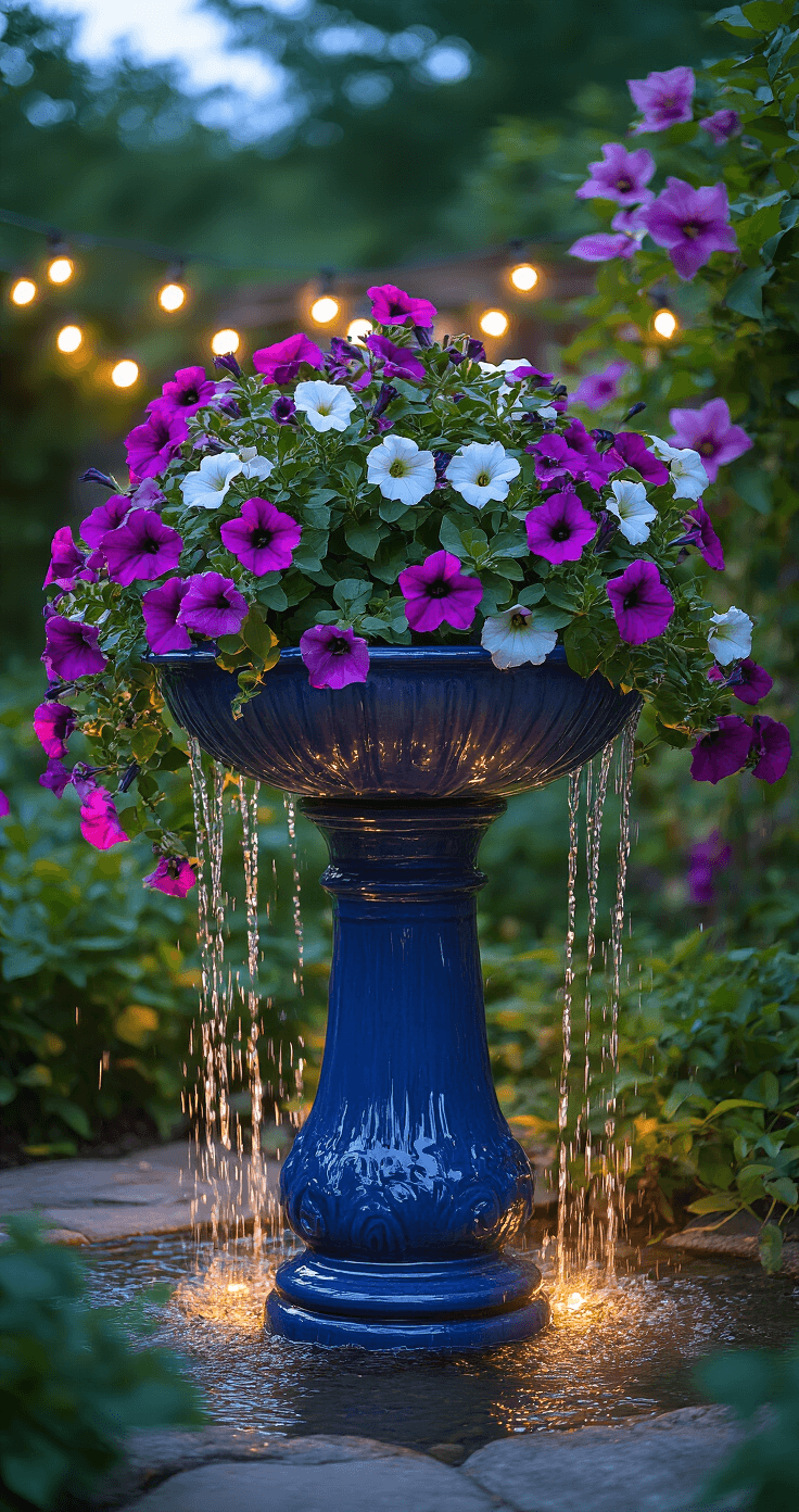 Bird Baths with Flowers: A Garden Lover's Ultimate Guide to Stunning Outdoor Decor A twilight garden scene featuring a vintage cobalt blue ceramic bird bath overflowing with vibrant trailing petunias and calibrachoa in purple, pink, and white. The bowl creates a beautiful waterfall effect, illuminated softly from below, with string lights and climbing clematis in the background. The ground-level perspective highlights the velvety petals and trailing vines against the glossy ceramic texture.