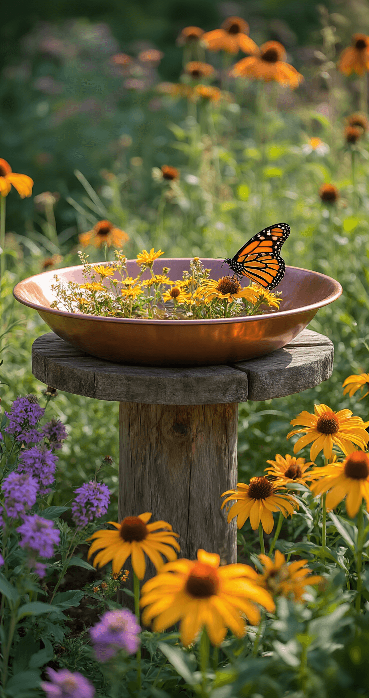 Bird Baths with Flowers: A Garden Lover's Ultimate Guide to Stunning Outdoor Decor A rustic wooden bird bath made of weathered cedar and a bright copper bowl sits in a sunny garden, surrounded by butterfly-attracting perennials; a Monarch butterfly perches on a black-eyed susan, with coneflowers and Joe Pye weed in the background, all captured from the butterfly's eye level.