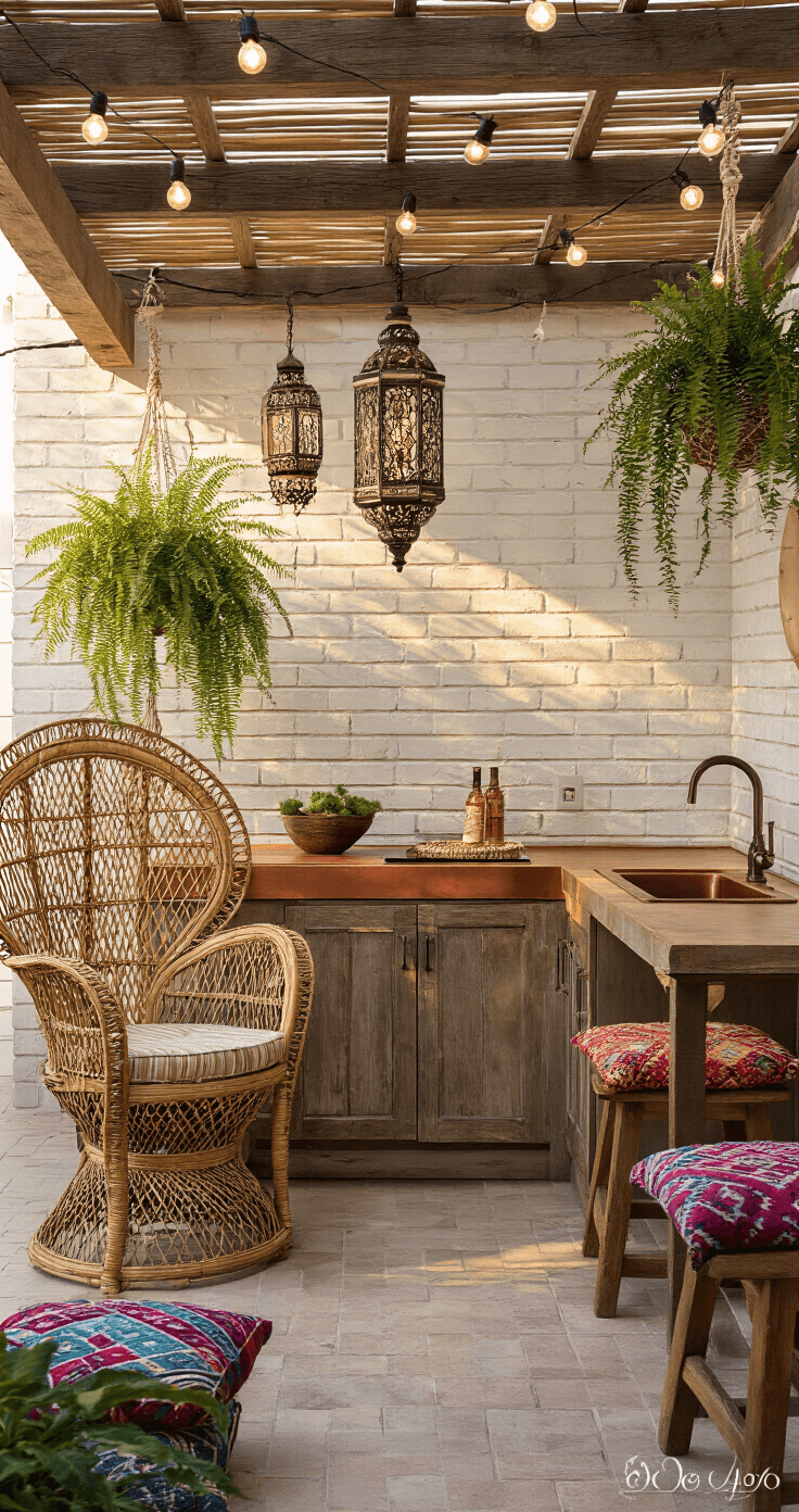 Boho Outdoor Kitchens: Creating Your Free-Spirited Alfresco Paradise A wide-angle view of a 20x15ft outdoor kitchen patio at golden hour, featuring a vintage rattan peacock chair, rustic wooden prep counter, and warm patterns from Moroccan lanterns on whitewashed brick walls, with macramé plant hangers, kilim cushions in jewel tones on mismatched stools, a weathered copper sink, and string lights overhead.