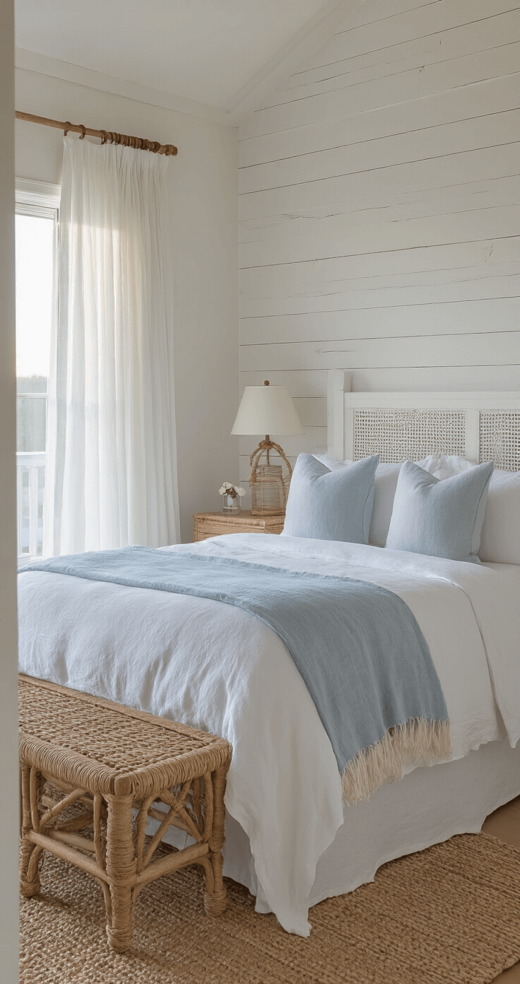 Coastal Home Decor: Transform Your Space into a Seaside Sanctuary Coastal bedroom at dawn with whitewashed wooden bed, crisp white linens, pale blue throws, rattan bedside tables, glass lamps, and a distressed shiplap accent wall, showcasing serene natural materials and muted tones.