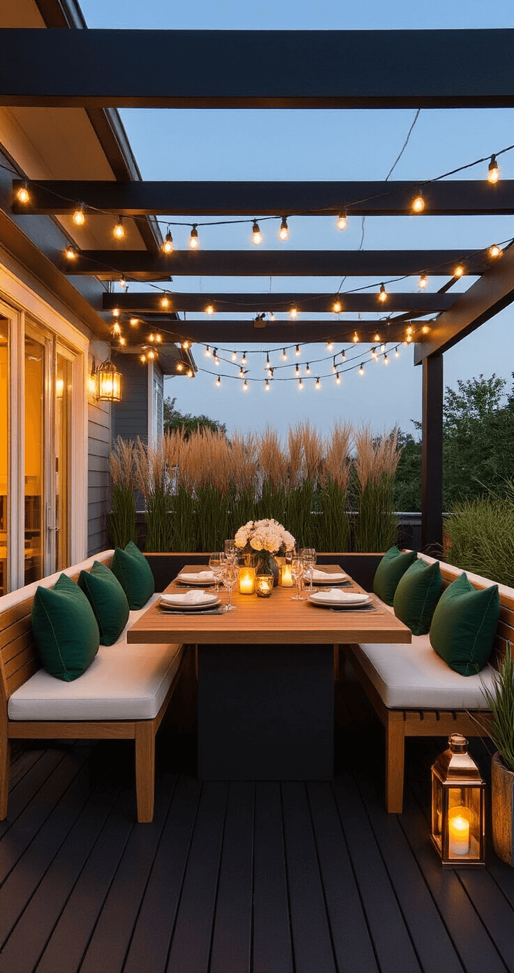 Black Decking Design: Transform Your Outdoor Space into a Modern Oasis Intimate evening entertainment space featuring a black hardwood deck with warm white string lights above, a mid-century modern teak dining set for eight, matte black bench seating with green throw pillows, and ambient lighting from copper lanterns and frosted glass votives, with native grass landscaping in the background.