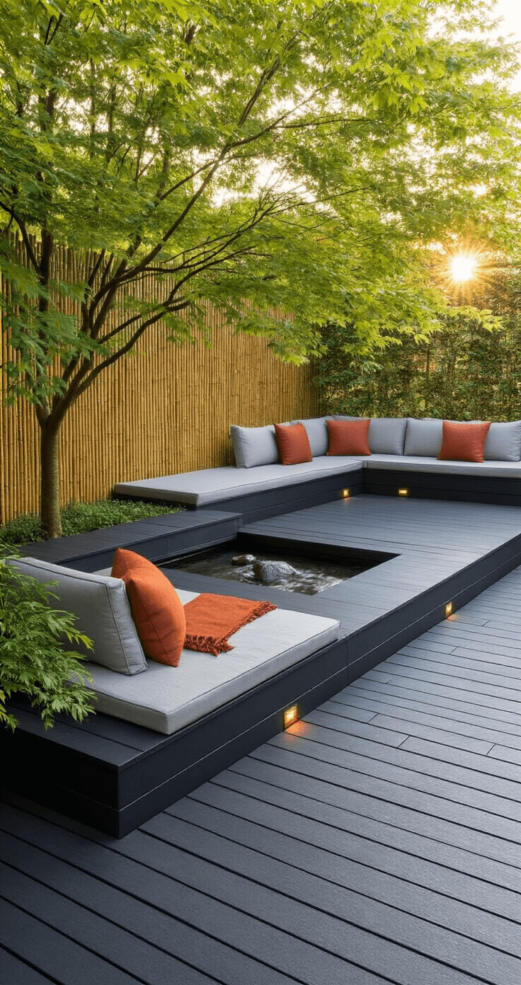 Black Decking Design: Transform Your Outdoor Space into a Modern Oasis A serene Zen garden sanctuary featuring a 300 sq ft raised black composite deck at dawn, with dappled shadows from a Japanese maple. Built-in wooden benches adorned with light gray cushions and rust-colored throws, accompanied by a gentle stone water feature. A bamboo privacy screen and low-mounted landscape lighting enhance the tranquil atmosphere, captured from ground level to emphasize height.