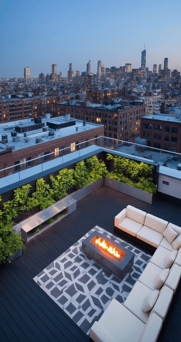 Black Decking Design: Transform Your Outdoor Space into a Modern Oasis An urban rooftop oasis featuring a 500 sq ft black-stained hardwood deck at dusk, adorned with industrial steel planters and vertical gardens, a modern cream leather sectional around a fire pit, a gray and white geometric outdoor rug, and glass railings offering a view of twinkling city lights in the background.