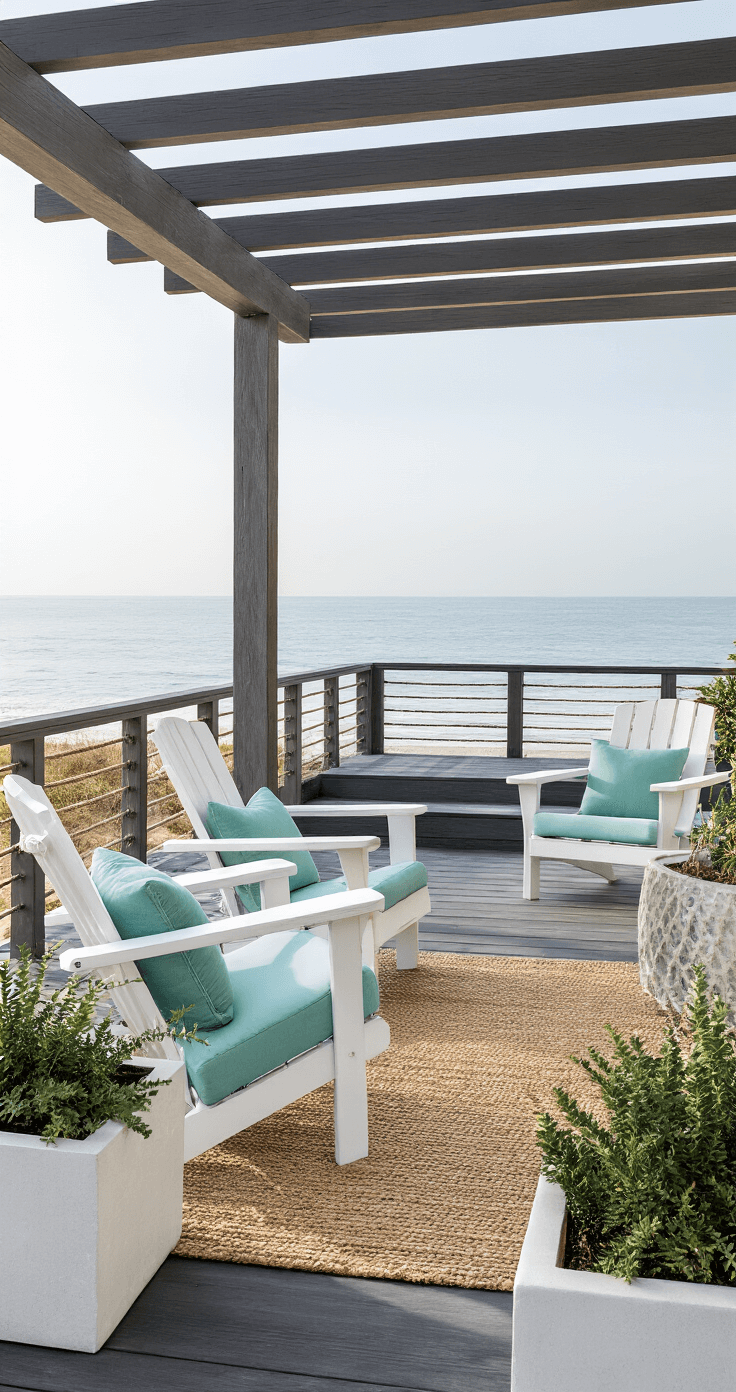 Black Decking Design: Transform Your Outdoor Space into a Modern Oasis A multi-level black composite deck at morning light with white-washed Adirondack chairs featuring seafoam cushions, nautical rope railings, natural jute rugs, a weathered gray pergola, ocean view in the background, and salt-tolerant plants in white concrete planters, shot from the beach side.