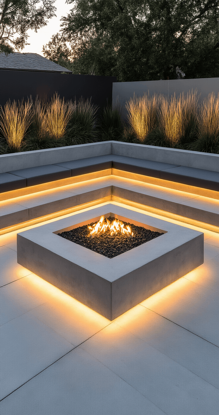 Concrete Fire Pits: The Ultimate Guide to Creating Your Backyard Centerpiece Twilight view of a minimalist concrete fire pit in a contemporary backyard, featuring a 48