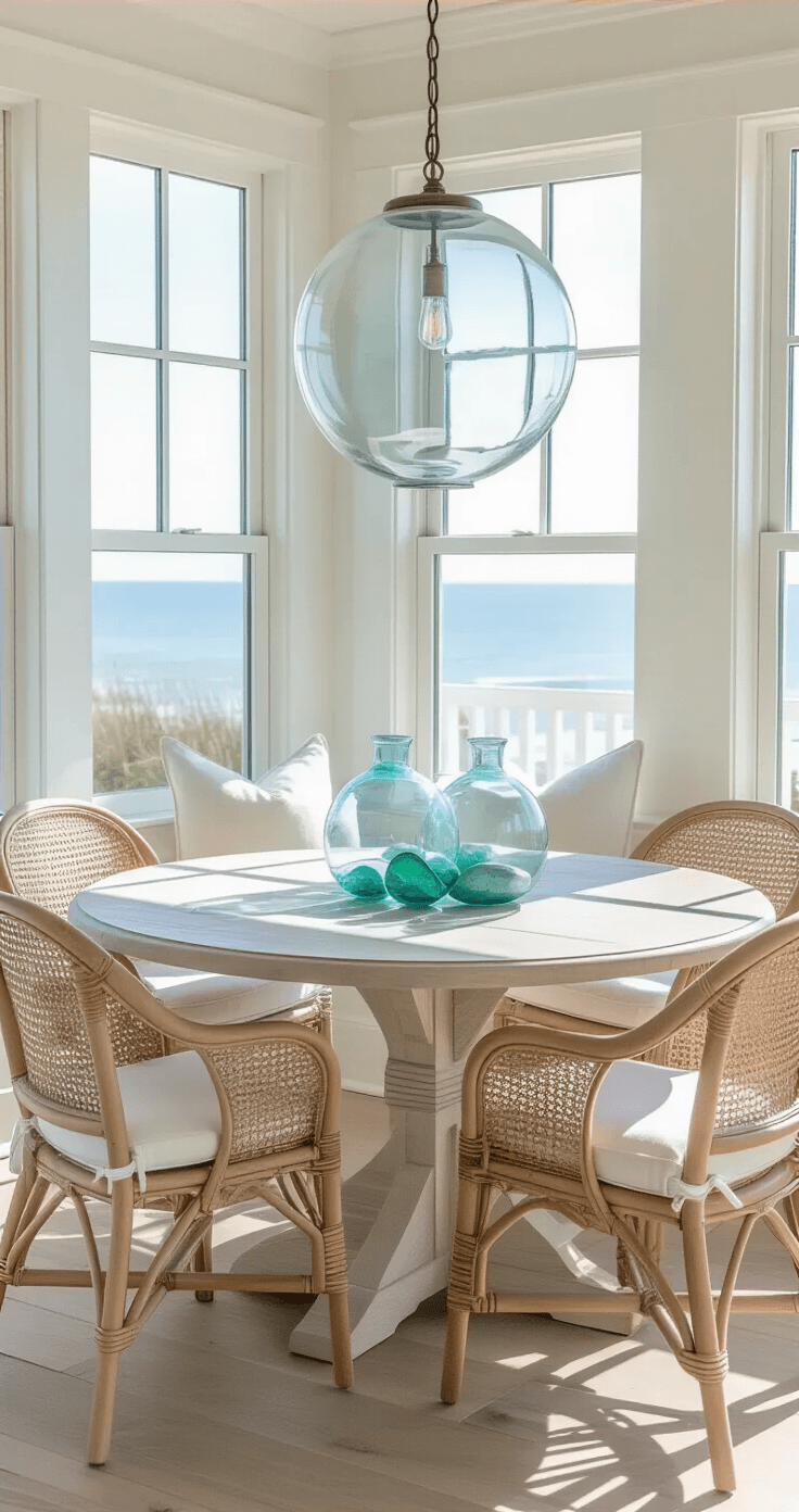Coastal Home Decor: Transform Your Space into a Seaside Sanctuary Bright coastal dining nook featuring a round whitewashed oak table with four rattan chairs topped with ivory cushions, accented by an oversized glass pendant light. A centerpiece of collected sea glass in blue-green hues is displayed in clear vessels, captured from a slightly elevated angle to highlight the fresh, casual elegance of the space.