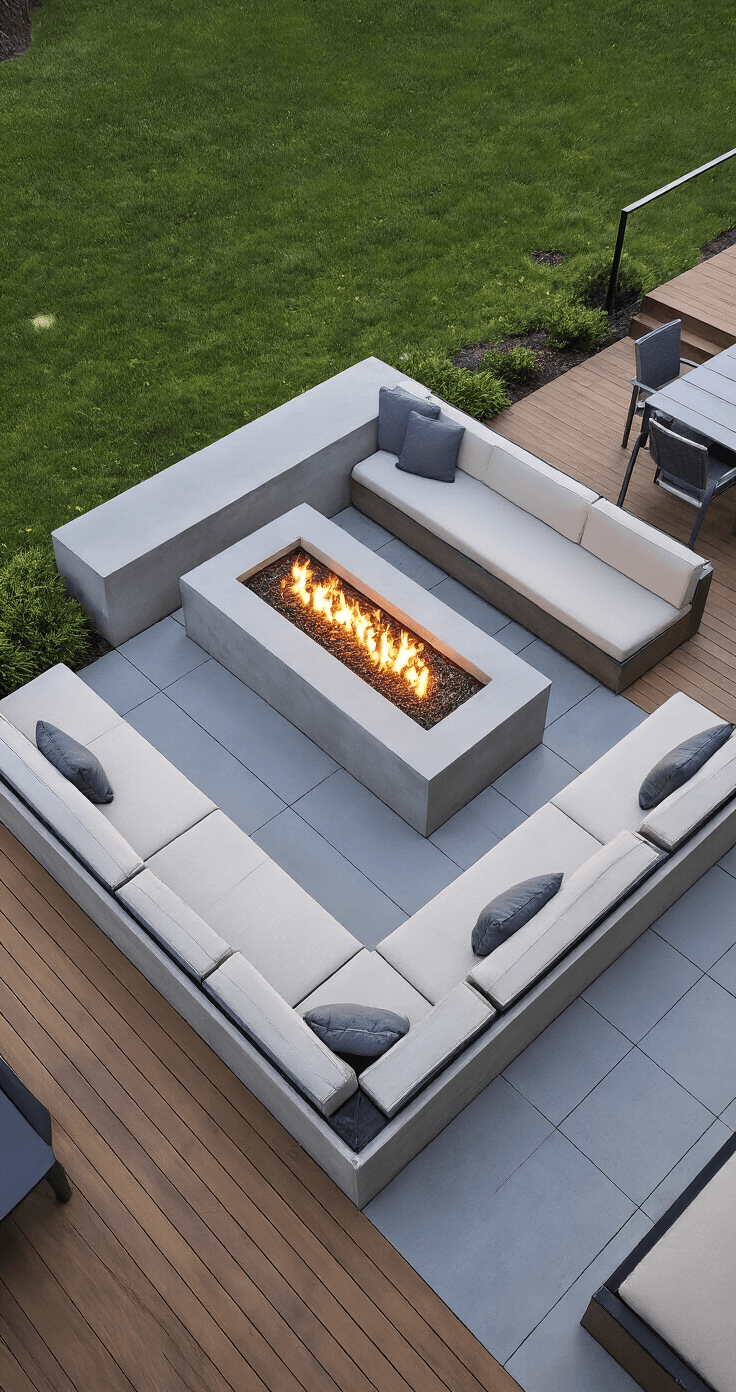 Concrete Fire Pits: The Ultimate Guide to Creating Your Backyard Centerpiece Aerial view of an L-shaped concrete fire pit in a modern patio, featuring a 24'x18' entertaining space with a 6' fire feature, cool gray concrete, IPE wood deck sections, and modular outdoor furniture in slate and cream, captured in late afternoon light emphasizing architectural lines and material transitions.