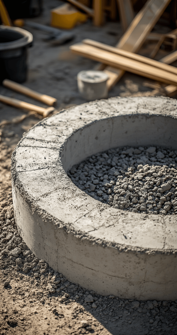 Concrete Fire Pits: The Ultimate Guide to Creating Your Backyard Centerpiece Close-up of a DIY concrete fire pit during construction, showcasing textural variations in the freshly poured concrete surface. Tools and materials are arranged nearby, with morning light highlighting the formwork details in an industrial workshop setting.