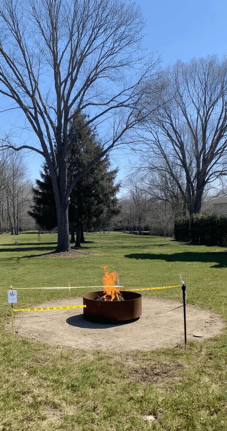 Concrete Fire Pits: The Ultimate Guide to Creating Your Backyard Centerpiece A safety-focused outdoor scene depicting a 30'x30' yard with a centrally located fire pit. Measuring tape visibly shows proper clearances from the fire pit to mature trees, emphasizing safe distances. Bright daylight enhances the clinically educational atmosphere, with visible safety equipment and signage related to fire pit use.