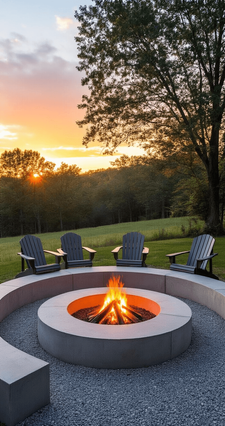 Concrete Fire Pits: The Ultimate Guide to Creating Your Backyard Centerpiece A budget-friendly concrete fire pit with a rustic patina finish, surrounded by a simple gravel area and Adirondack chairs, captures the warm evening light at sunset. The low-angle shot highlights the 12-foot diameter seating area made from stacked concrete rings and recycled materials.