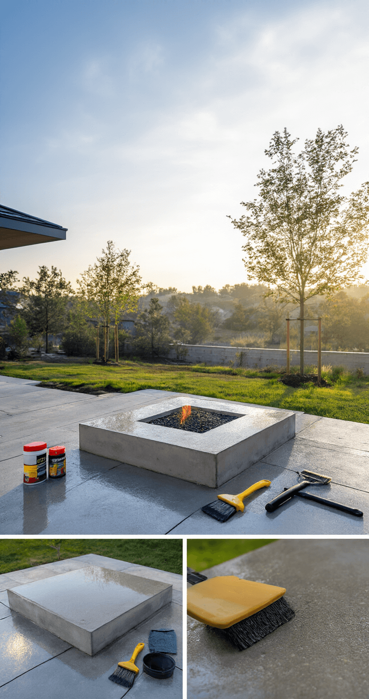 Concrete Fire Pits: The Ultimate Guide to Creating Your Backyard Centerpiece A close-up view of a freshly treated sealed concrete fire pit, illuminated by early morning light. Water droplets bead on the protected surface, showcasing its maintenance. Various maintenance tools and sealant products are nearby, emphasizing care and upkeep. The clinical lighting highlights the protective qualities of the concrete treatment, captured from an overhead angle at 45 degrees.
