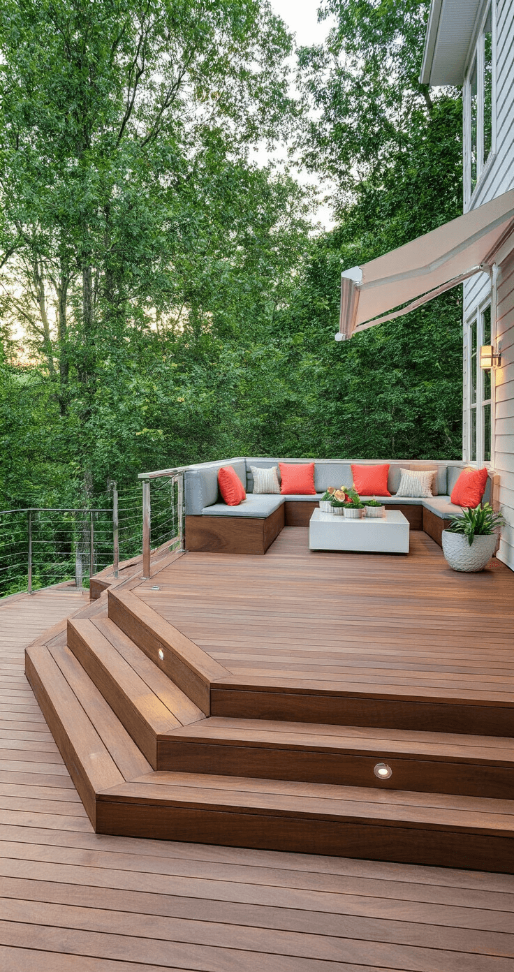 Corner Decking Ideas: Transform Unused Spaces into Outdoor Retreats Contemporary corner deck with ipe hardwood, minimalist glass railings, and a built-in breakfast nook, featuring white-and-grey colors with coral accents, a retractable awning, and illuminated steps.