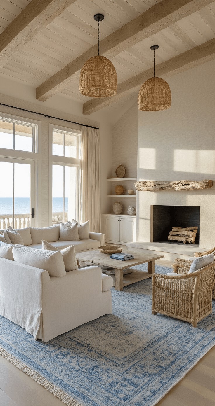 Coastal Home Decor: Transform Your Space into a Seaside Sanctuary A stylish coastal living room at golden hour, featuring bleached wood beam ceilings, textured pale gray grasscloth walls, and an ivory L-shaped sofa facing a limestone fireplace. Layered blue vintage rugs and woven pendant lights enhance the serene atmosphere, creating a harmonious blend of natural materials and coastal elements.