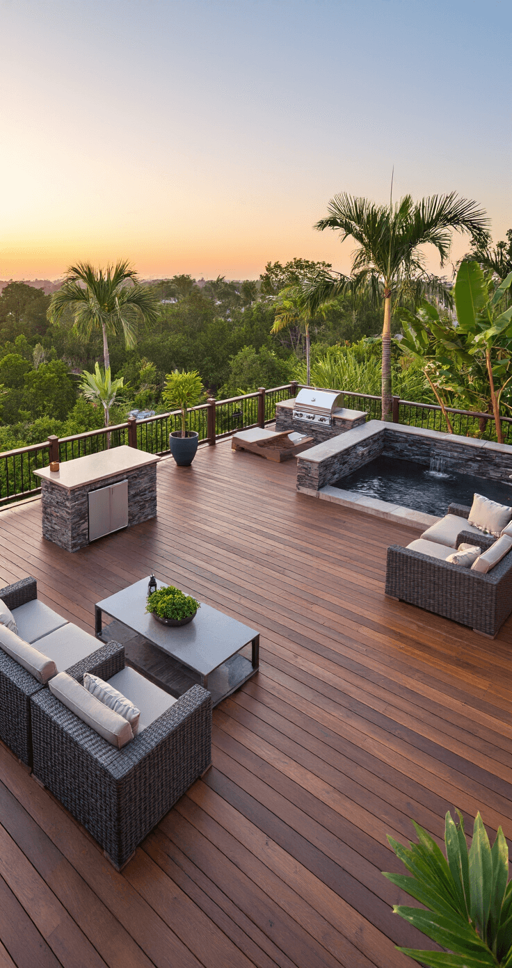 Corner Decking Ideas: Transform Unused Spaces into Outdoor Retreats Aerial view of a luxurious 20x20 corner deck at sunset, featuring multi-level tropical hardwood decking, a custom outdoor kitchen with stone countertops, a built-in grill, a tranquil water feature, and mature potted palms with premium weather-resistant furniture.