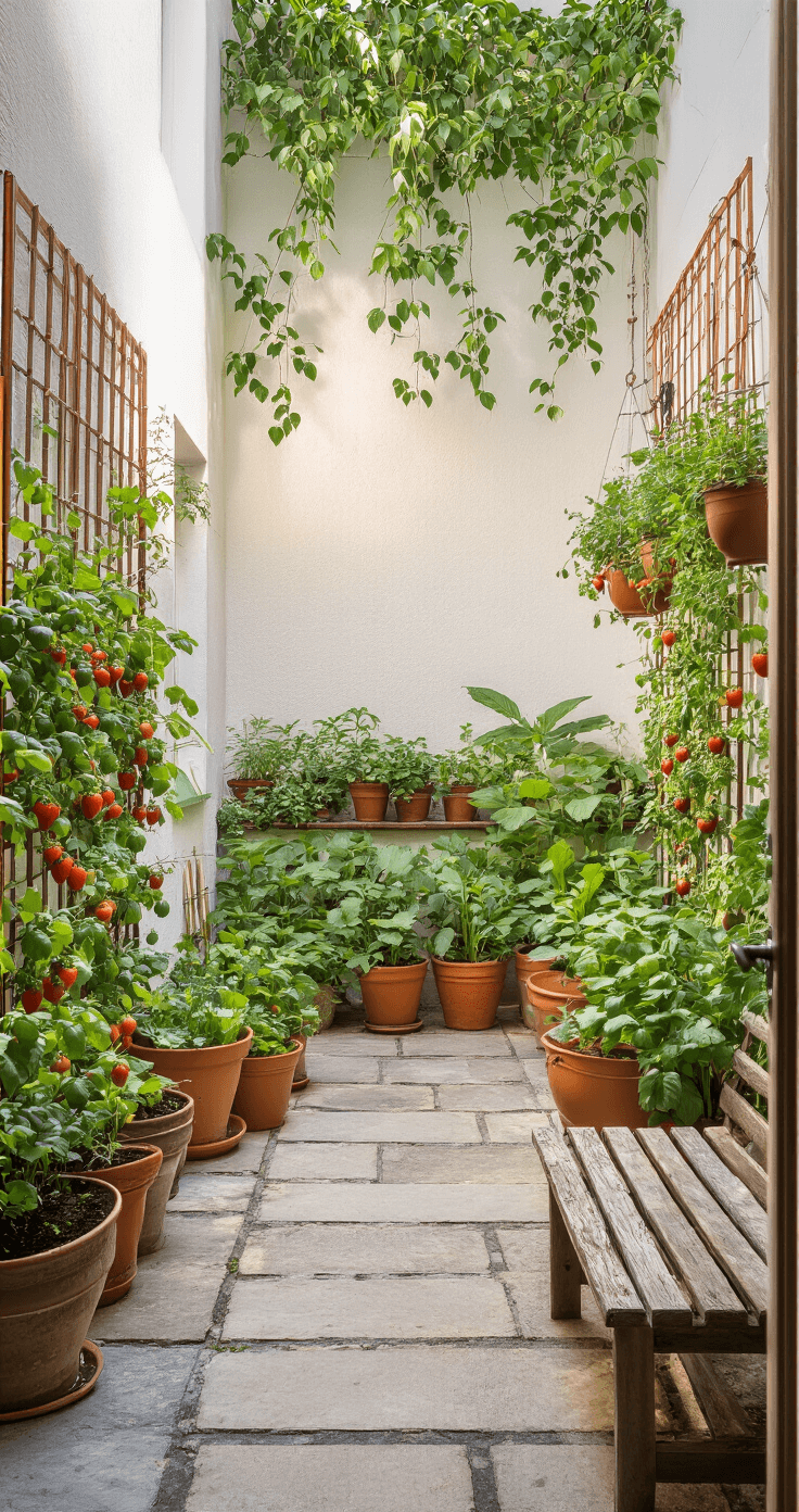 How to Create a Thriving Courtyard Vegetable Garden: Your Ultimate Urban Growing Guide Aerial view of a sunlit urban courtyard garden at golden hour, featuring organized terra cotta and ceramic pots with vegetables, vertical copper trellises with tomatoes, cascading hanging baskets of strawberries and herbs, stone pathways, and a weathered wooden bench against whitewashed walls, captured in soft, directional light.