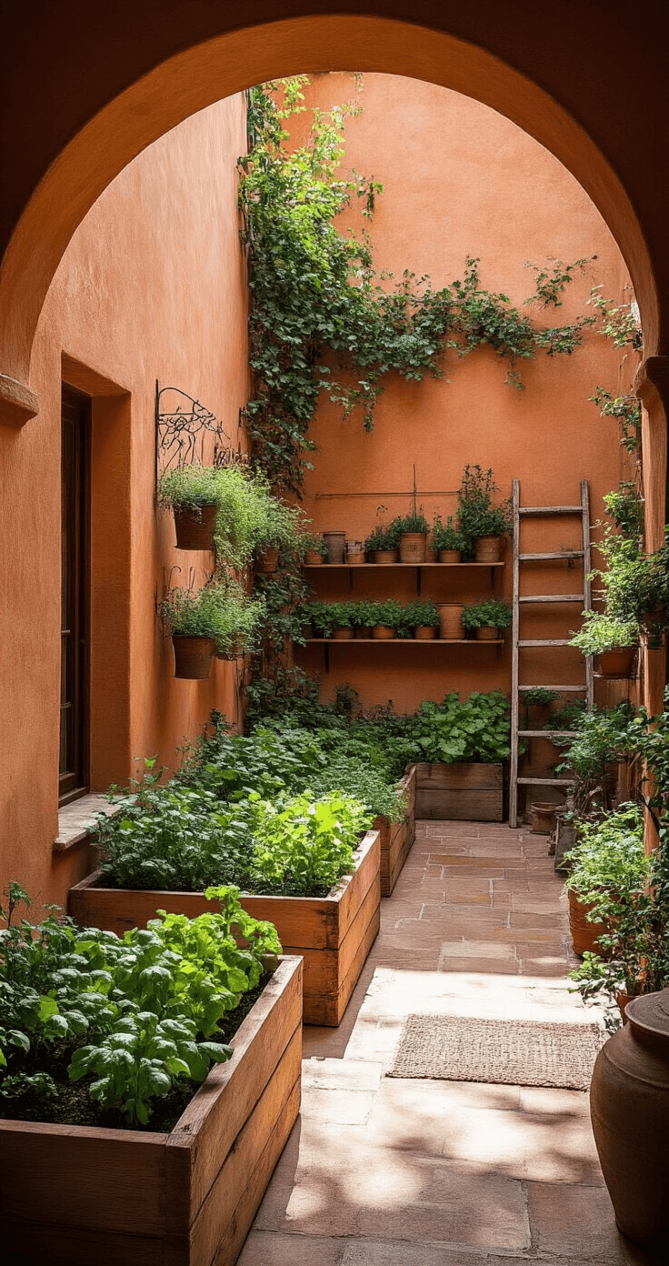 How to Create a Thriving Courtyard Vegetable Garden: Your Ultimate Urban Growing Guide Eye-level view of a Mediterranean-inspired courtyard garden featuring terracotta walls, raised cedar planting beds with herbs and salad greens, vintage olive oil tins as planters, wrought iron plant stands, and a rustic wooden ladder, all bathed in strong midday light that casts dramatic shadows.