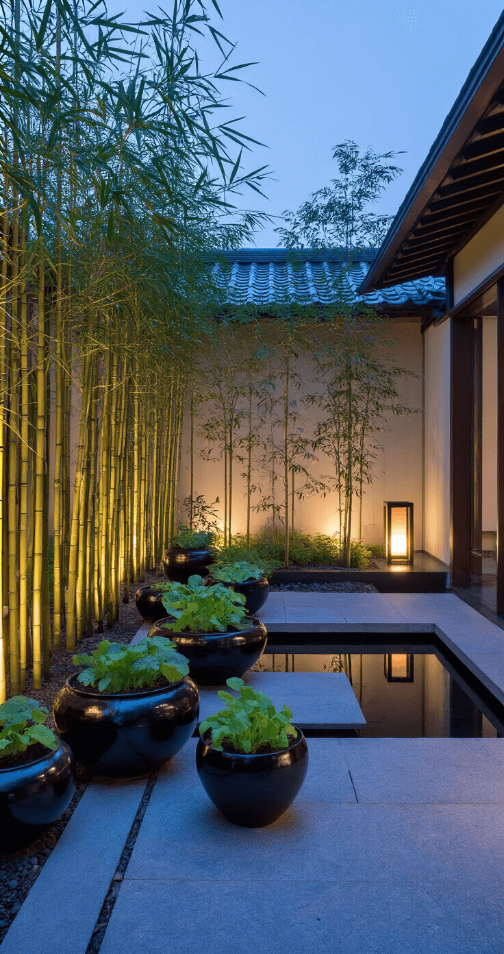 How to Create a Thriving Courtyard Vegetable Garden: Your Ultimate Urban Growing Guide A serene Japanese-inspired courtyard at dusk, featuring low-profile black ceramic containers, young bamboo for screening, and a stone lantern amidst potted vegetables, all illuminated by ambient lighting and a tranquil reflecting pool, highlighting a zen aesthetic with clean lines.