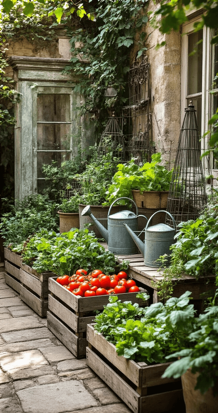 How to Create a Thriving Courtyard Vegetable Garden: Your Ultimate Urban Growing Guide A vintage-inspired courtyard garden featuring antique metal watering cans used as planters, weathered wooden crates filled with heirloom vegetables, and Victorian wire plant stands. Salvaged architectural elements serve as garden art in soft morning light, highlighting the textures and patina of aged materials.