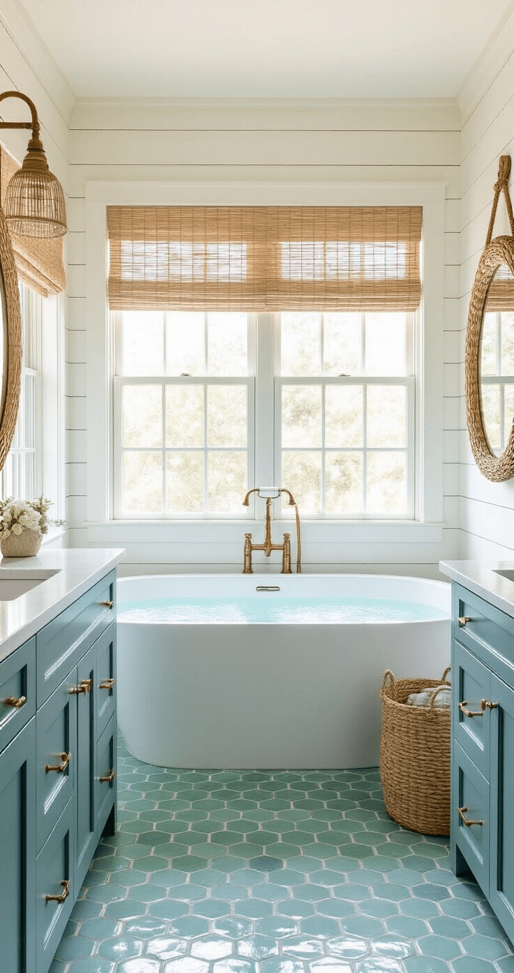 Coastal Home Decor: Transform Your Space into a Seaside Sanctuary A serene coastal bathroom featuring sea glass green penny tile flooring, crisp white shiplap walls, and a freestanding soaking tub under a window with bamboo shades. A marine blue vanity with a marble top, aged brass fixtures, and rope-wrapped mirrors create warmth in the bright, clean space, captured from the doorway emphasizing the tall ceiling.