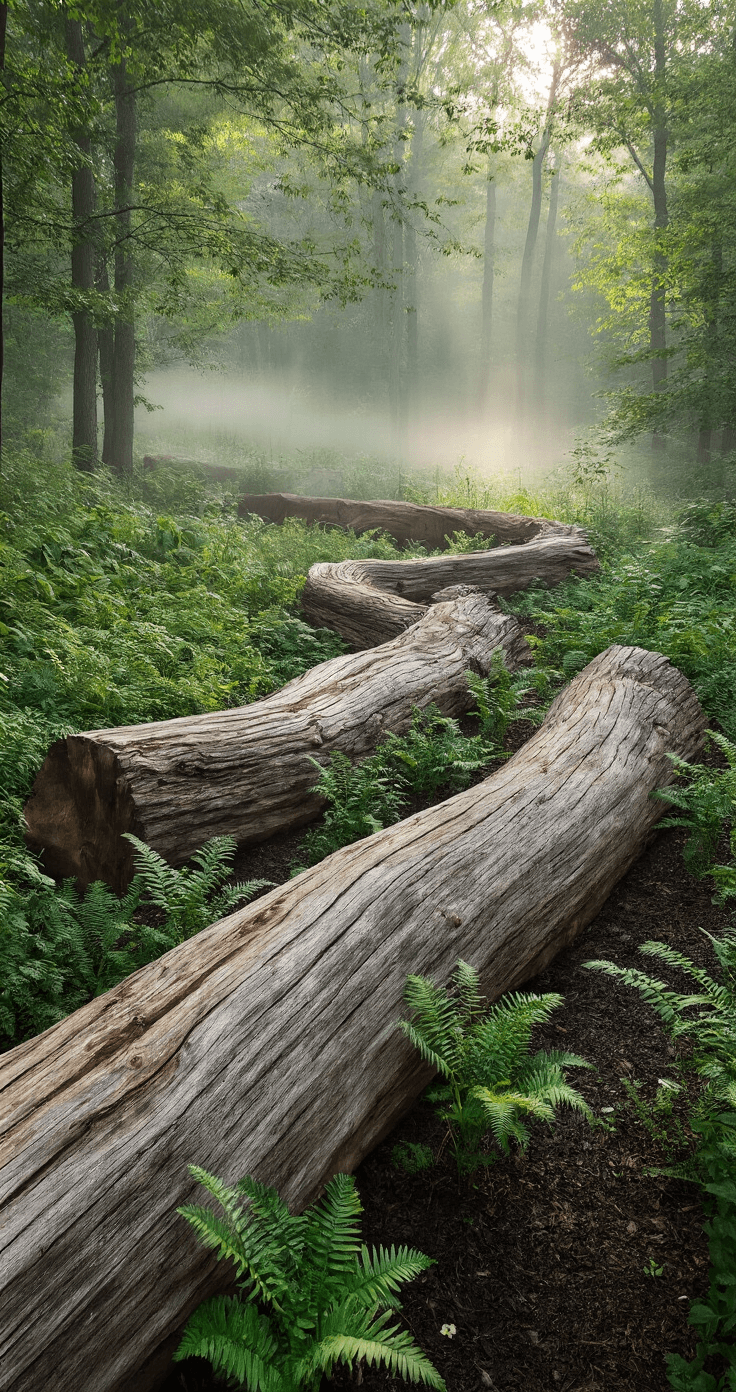 Simple Garden Borders: Transform Your Yard with Easy, Affordable Edging An early morning woodland scene featuring a curved edge made of massive, weathered oak logs, surrounded by mist and dappled sunlight filtering through the tree canopy; native ferns and woodland flowers grow at the base of the logs.