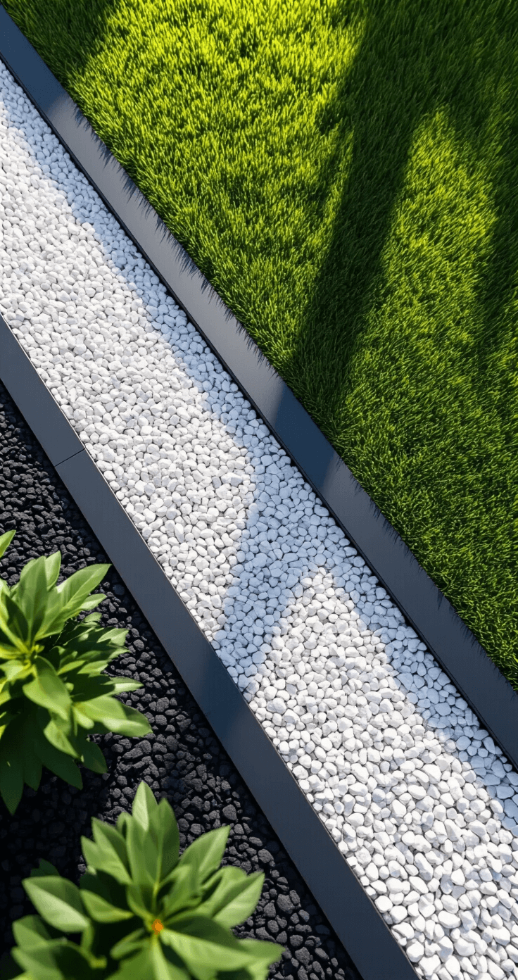 Simple Garden Borders: Transform Your Yard with Easy, Affordable Edging Overhead view of a minimalist garden with matte black aluminum edging forming geometric patterns, 90-degree angles between gravel and lawn, strong shadows from the late morning sun, contrasting crushed white marble gravel and emerald grass.