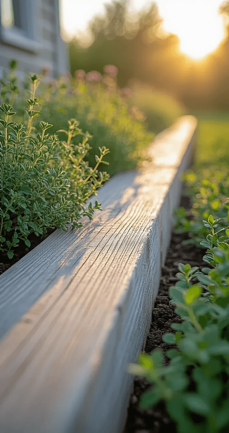 Simple Garden Borders: Transform Your Yard with Easy, Affordable Edging Closeup of weathered cedar plank garden edging, highlighted by warm sunlight, surrounding a lush herb garden with thyme and oregano spilling over.