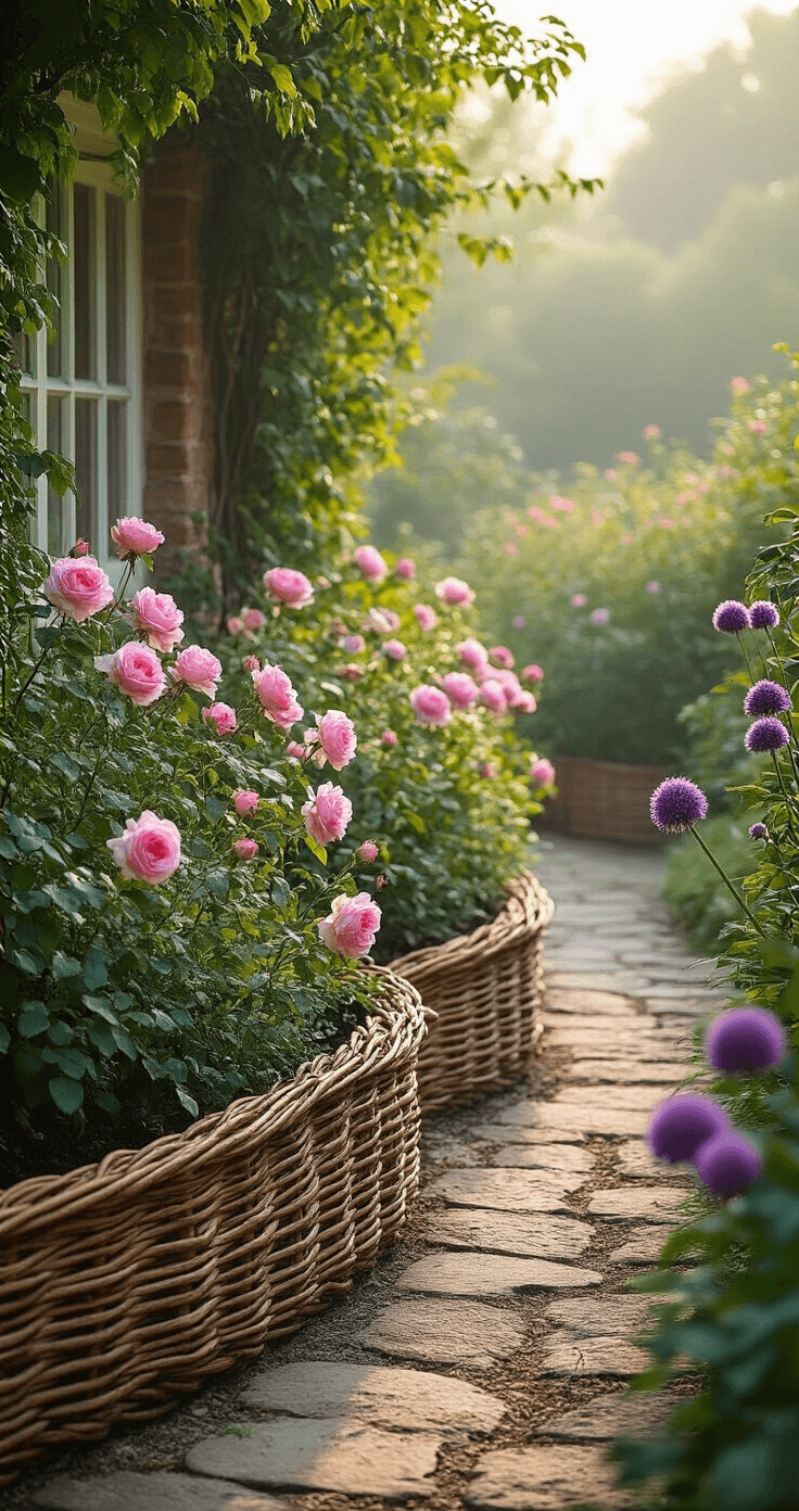Simple Garden Borders: Transform Your Yard with Easy, Affordable Edging Intimate portrait of intricately woven willow wattle edging in an English cottage garden, featuring 3ft high panels in a graceful curve, contrasting with blooming pink roses and purple alliums, illuminated by soft early morning light and slight fog, capturing both the border detail and garden context.
