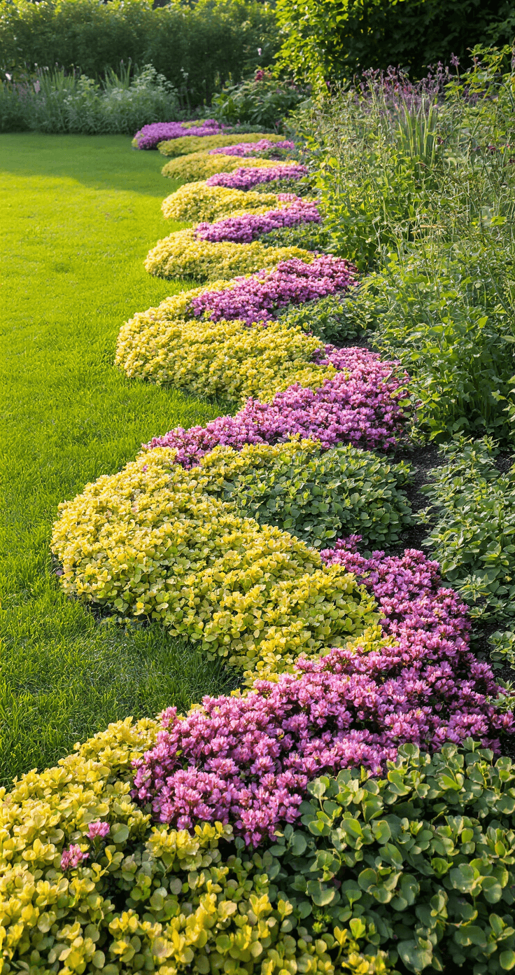Simple Garden Borders: Transform Your Yard with Easy, Affordable Edging A wide shot of a 25ft living border made of cascading sedum and creeping thyme, featuring blooming plants in pink, yellow, and green, with mid-morning lighting highlighting their textures. The camera angle is slightly elevated, showcasing the organic wave-like flow between a lawn and perennial beds in a vibrant atmosphere.