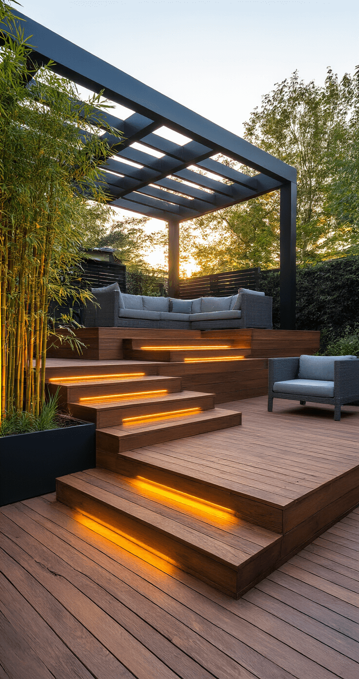 Transforming Sloping Gardens: The Ultimate Guide to Decking Solutions A split-level deck sanctuary at golden hour, showcasing three distinct levels connected by floating wooden stairs, with warm sunlight filtering through a pergola and creating linear shadows. Rich walnut composite decking contrasts with black metal railings, while modern gray outdoor furniture complements the scene. Integrated LED strip lighting illuminates the steps, and potted bamboo along with ornamental grasses soften the edges. The photograph is taken from a lower angle, highlighting the elevation changes and the warm evening lighting that enhances the textures.
