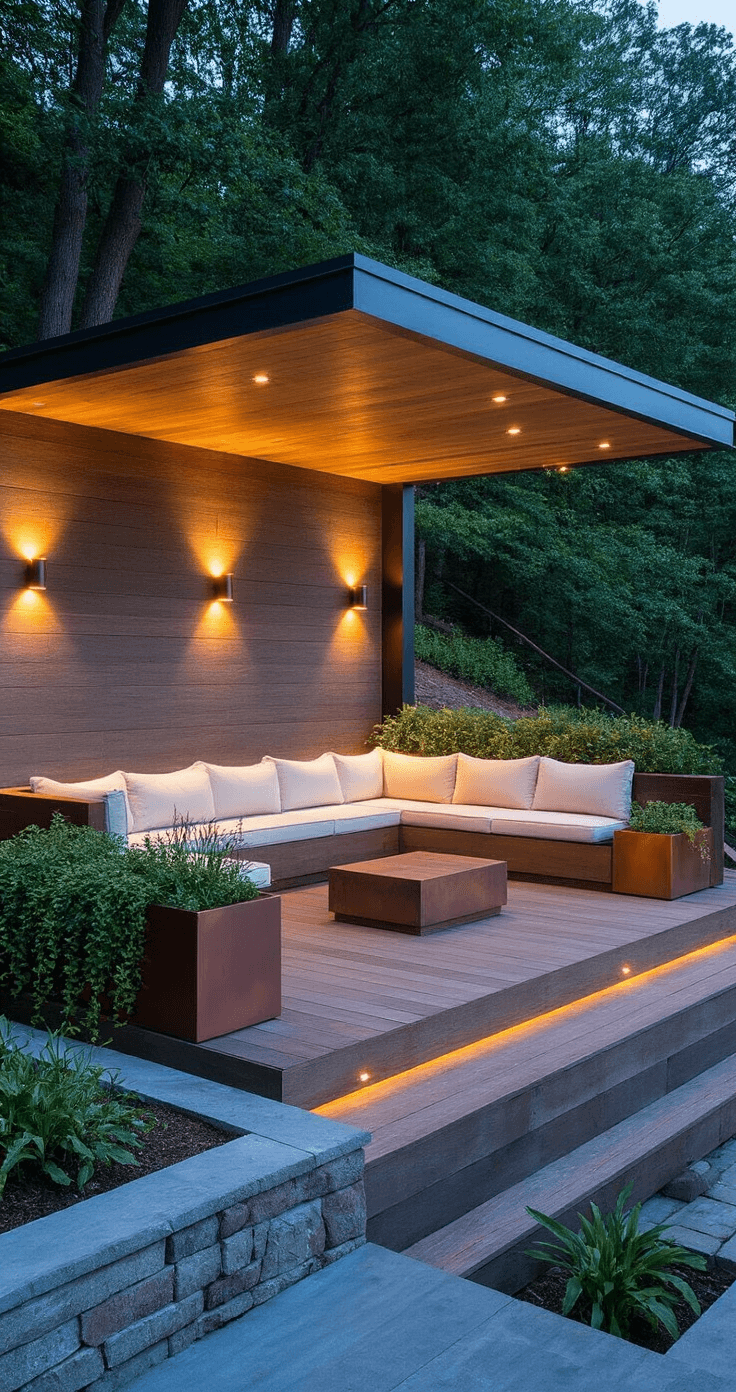 Transforming Sloping Gardens: The Ultimate Guide to Decking Solutions Intimate elevated hillside deck nook at twilight, featuring a weather-resistant teak sectional with ivory cushions, built-in benches, modern sconces, and string lights, surrounded by cascading foliage in copper planters and a natural stone retaining wall below.