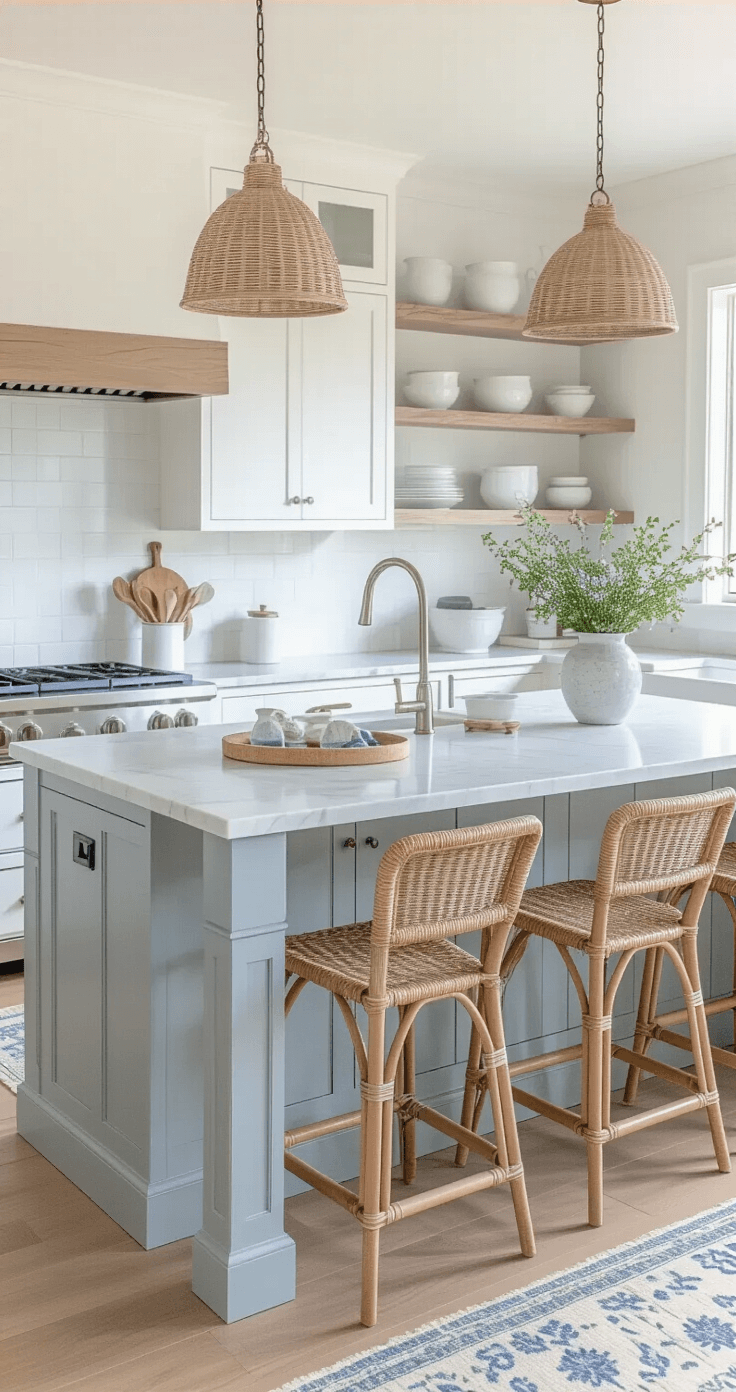 Coastal Home Decor: Transform Your Space into a Seaside Sanctuary A bright coastal kitchen featuring white shaker cabinets, a pale gray-blue island with honed marble, open shelving with white ceramics and sea glass, rattan counter stools, and a vintage runner in faded blues, all illuminated by mid-morning light.