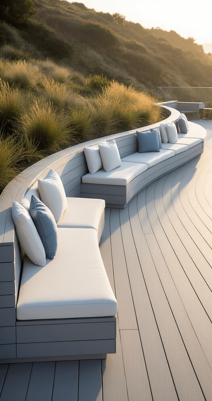 Transforming Sloping Gardens: The Ultimate Guide to Decking Solutions Modern coastal slope deck in soft morning light, featuring a curved design, light gray composite decking with maritime blue accents, built-in white upholstered seating, glass wind barriers, and linear planters with coastal grasses and succulents.