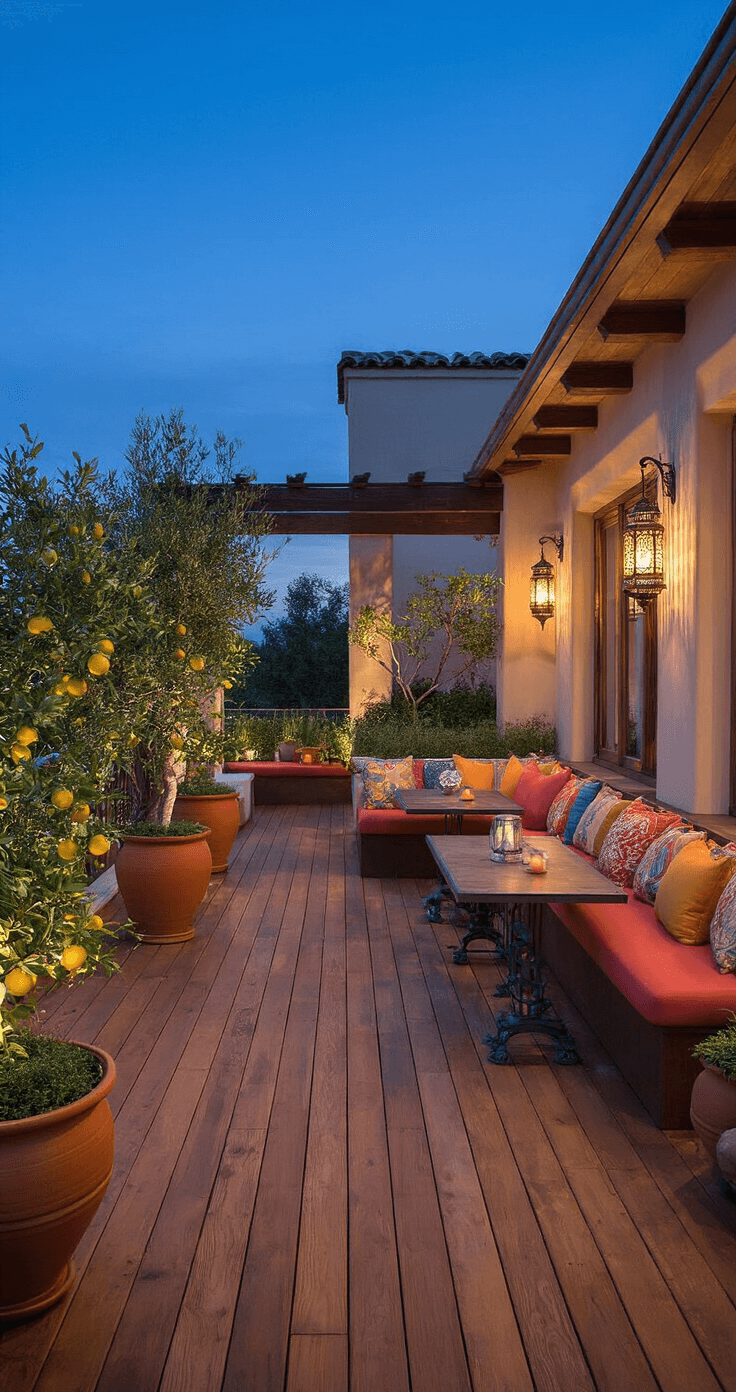 Transforming Sloping Gardens: The Ultimate Guide to Decking Solutions A multi-level Mediterranean-inspired terrace deck at twilight, featuring cedar decking, built-in banquette seating with colorful cushions, and ambient lighting from Moroccan lanterns, surrounded by terracotta pots with citrus trees and herbs, and wrought iron details, captured from a low angle.