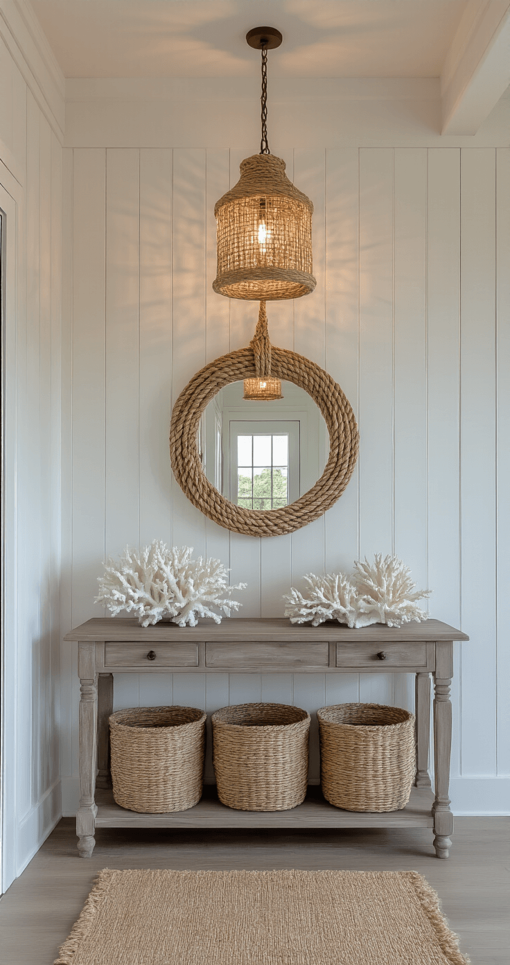 Coastal Home Decor: Transform Your Space into a Seaside Sanctuary A coastal entryway at dusk featuring whitewashed board and batten walls, a rope-wrapped lantern pendant, a driftwood gray console table displaying white coral specimens beneath a capiz shell mirror, and a natural fiber runner leading to seagrass basket storage, all captured from the front door angle with soft, layered lighting and a shallow depth of field.