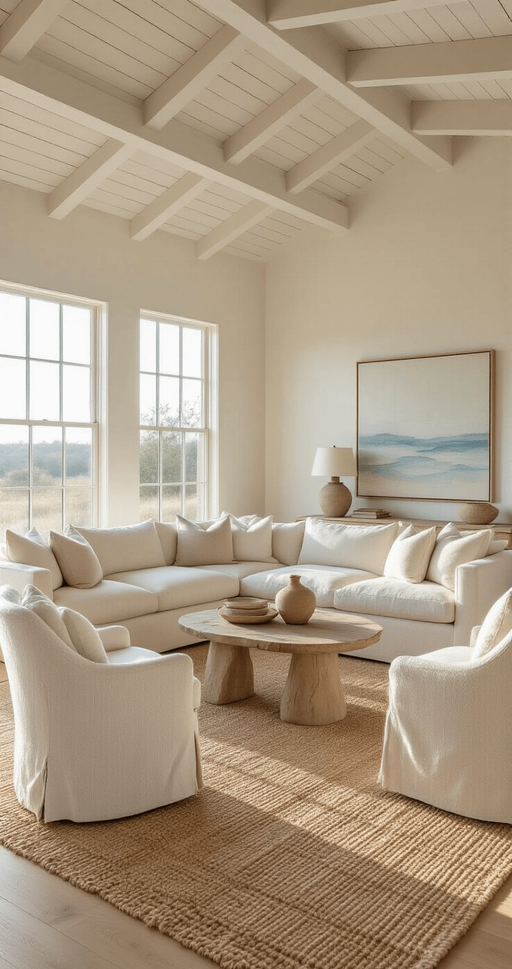Modern Coastal Decor: Your Ultimate Guide to Creating a Breezy, Chic Living Space A sunlit living room with vaulted whitewashed beams, oversized windows filtering warm light onto a cream bouclé sectional and natural linen swivel chairs, layered jute and wool rugs in sandy tones, minimal coastal art in soft blues above a light oak console, ceramic vessels and driftwood accents, white walls, and pale oak flooring, captured from a low corner angle at golden hour.