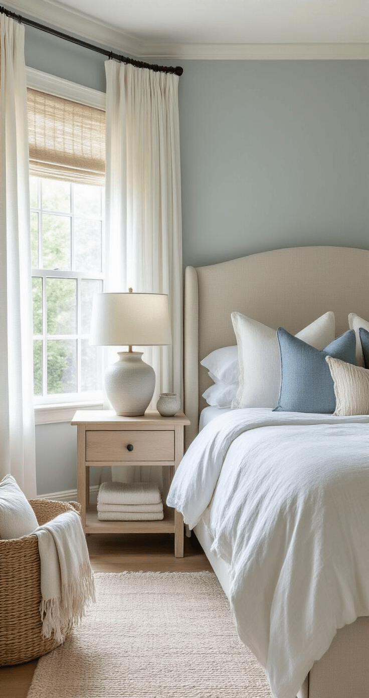 Modern Coastal Decor: Your Ultimate Guide to Creating a Breezy, Chic Living Space A serene master bedroom featuring a large bay window with sheer white linens, an oversized upholstered headboard against a pale gray-blue accent wall, white oak nightstands with ceramic lamps, and layers of white and cream bedding with blue accent pillows, all softly lit by mid-morning sunlight.