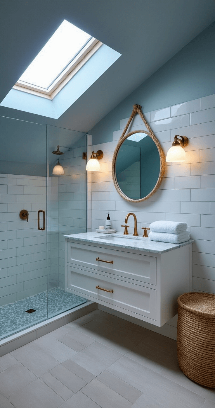 Modern Coastal Decor: Your Ultimate Guide to Creating a Breezy, Chic Living Space Modern coastal bathroom featuring white subway tile walls, a floating white oak vanity with a marble top, brass fixtures, and a round mirror with a rope detail. The space includes a glass shower enclosure, pebble floor tile, a woven seagrass hamper, and white Turkish towels, all under a skylight that enhances the serene, spa-like atmosphere during blue hour.