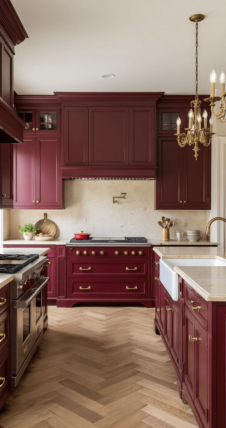 Red Kitchen Cabinets: Bold Style for Modern Homes Traditional red statement kitchen featuring deep burgundy raised-panel cabinets, cream granite countertops, antique brass hardware, and herringbone wooden floors, all illuminated by soft diffused mid-morning light, captured with symmetrical framing.