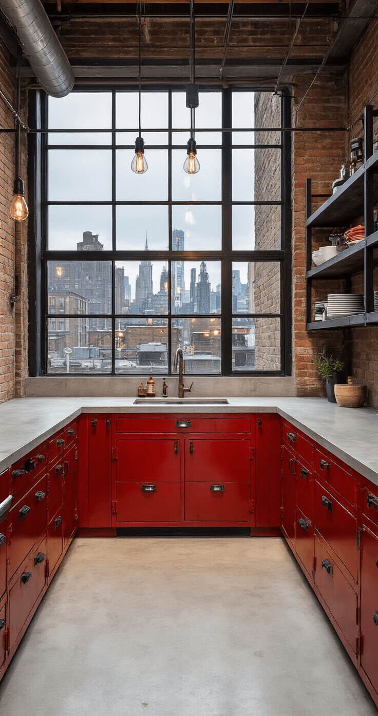 Red Kitchen Cabinets: Bold Style for Modern Homes An industrial red loft kitchen showcasing crimson metal cabinets with rivets, polished concrete countertops, and black steel open shelving, illuminated by dramatic evening city light streaming through large warehouse windows, captured from a corner angle to emphasize depth and height in a moody atmosphere.