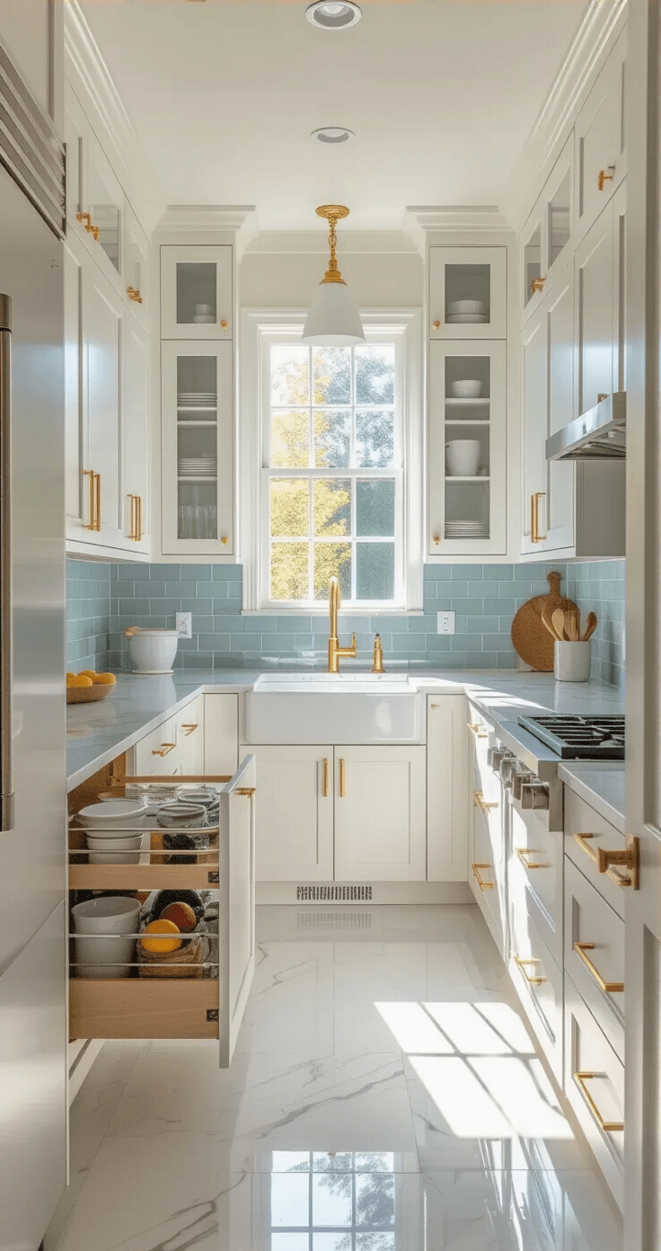 Small Kitchen Cabinet Magic: Transforming Tight Spaces into Stylish Storage Havens A bright, compact galley kitchen featuring white floor-to-ceiling cabinets with gold hardware, marble countertops, and a pale blue subway tile backsplash, illuminated by morning sunlight with soft natural lighting and under-cabinet LEDs, captured from the entrance at eye level.