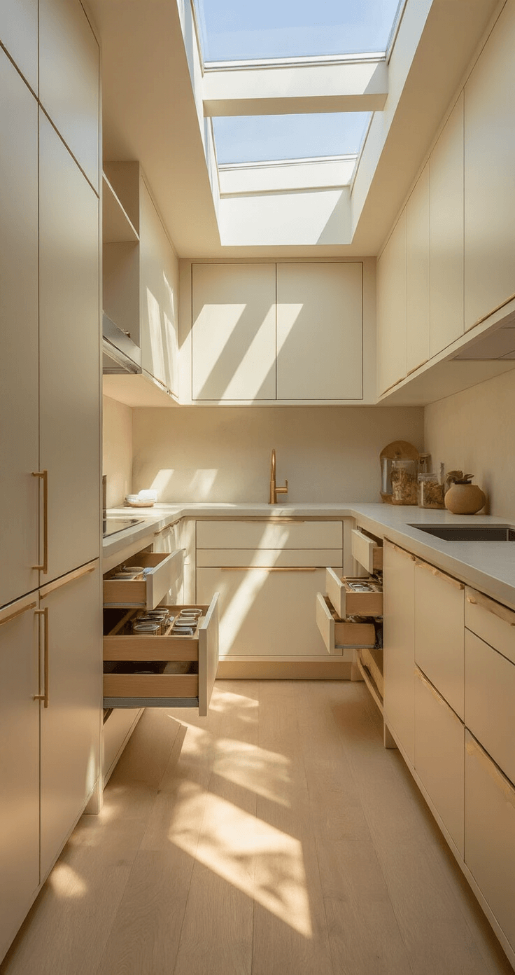 Small Kitchen Cabinet Magic: Transforming Tight Spaces into Stylish Storage Havens A minimalist U-shaped kitchen featuring cream lacquer cabinets with recessed handles, showcasing hidden storage solutions like pull-out spice racks and vertical dividers. Warm golden hour light filters through skylights, casting shadows and highlighting the light oak organizational elements.