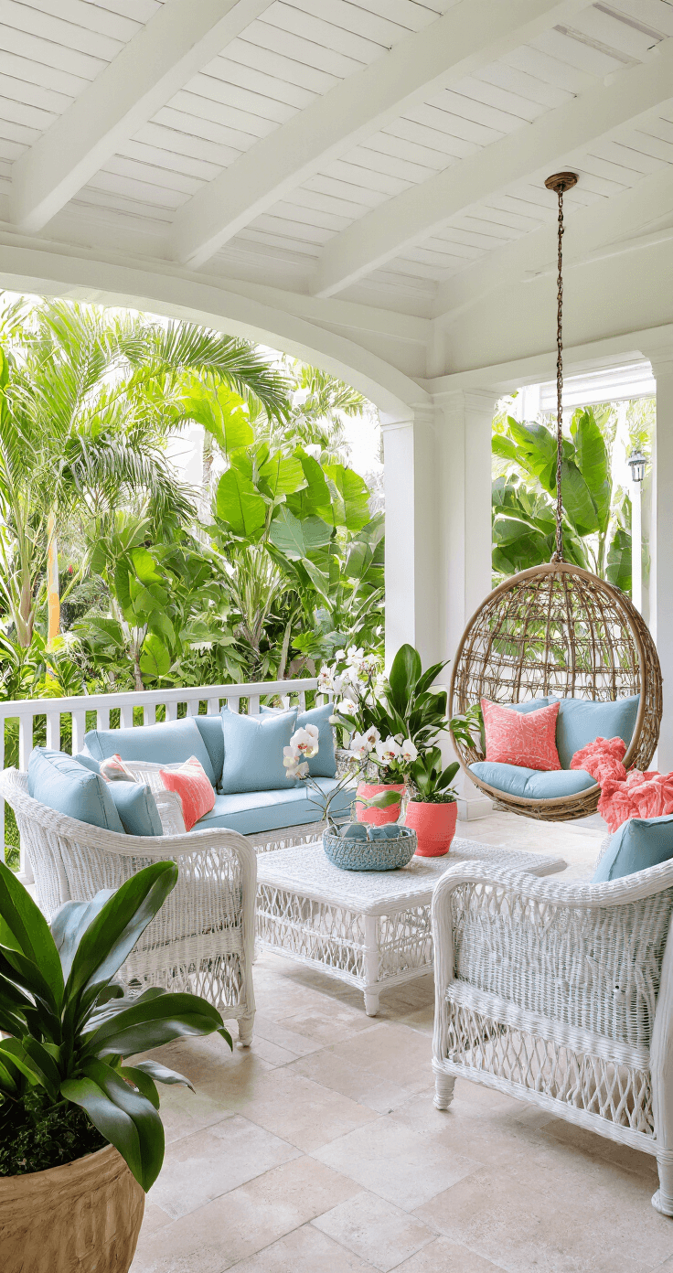 Florida Decor: Transform Your Home into a Sunny, Tropical Paradise A serene Florida lanai featuring a covered outdoor living space with white wicker seating and pale blue cushions, a hanging rattan egg chair, and potted palms and orchids, all illuminated by filtered afternoon light. Coral-colored accents complement the tropical landscaping, viewed from the interior to highlight the indoor-outdoor flow.