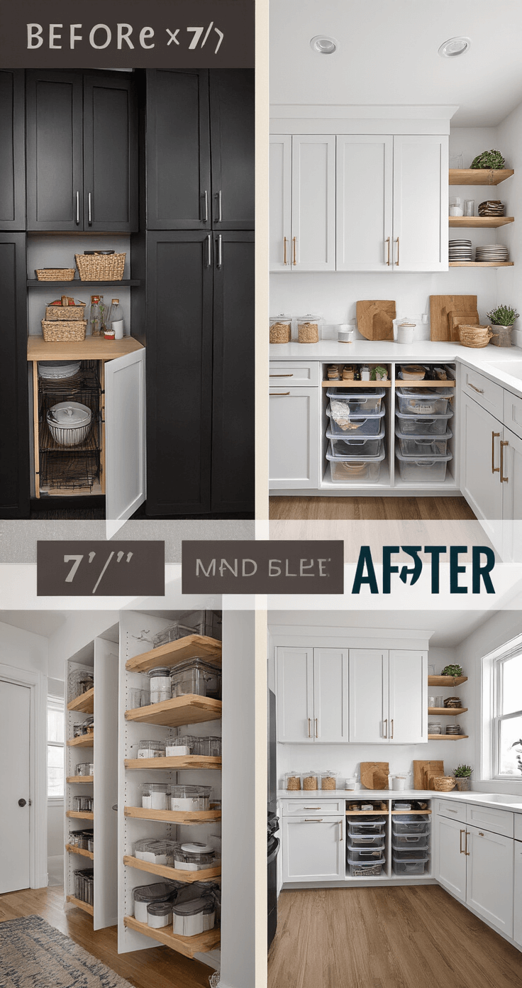Small Kitchen Cabinet Magic: Transforming Tight Spaces into Stylish Storage Havens A before/after split screen of a tiny kitchen transformation (7'x7'). On the left, cluttered dark cabinets; on the right, organized dove white cabinets with vertical storage solutions, illuminated by natural light and pot lights.