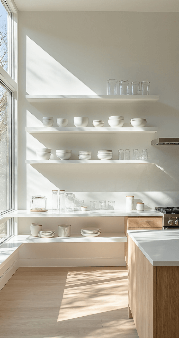 Kitchen Open Shelving: Transform Your Space with Modern Decor Magic A modern minimalist kitchen with white walls and floating oak shelves, illuminated by morning light through large windows, featuring matte white ceramics and glass vessels, chrome appliances, and subtle wooden accents, captured from a low angle with a soft focus.