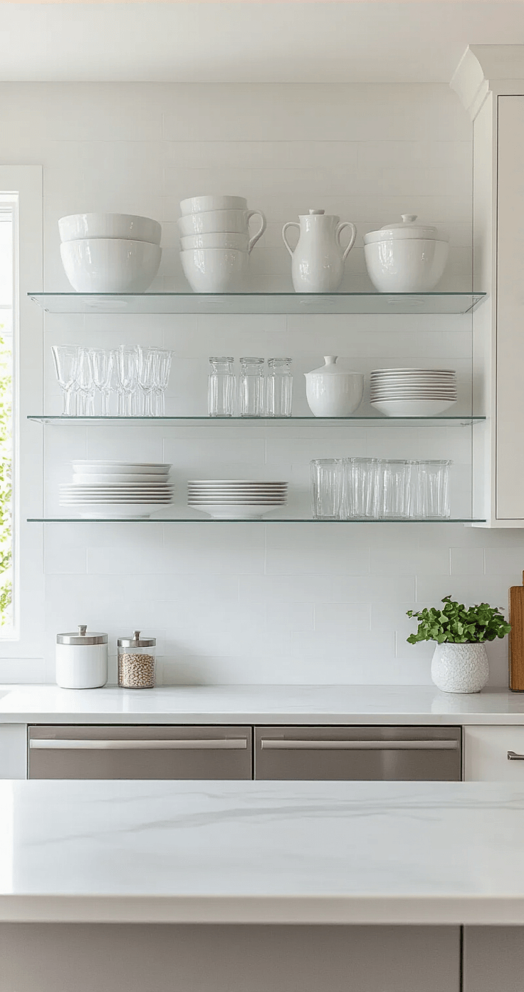 Kitchen Open Shelving: Transform Your Space with Modern Decor Magic Contemporary kitchen featuring an 8-foot white quartz backsplash wall, three staggered floating acrylic shelves filled with white porcelain dinnerware and clear glass decanters, and a stainless waterfall island, all presented in a wide-angle shot with soft box lighting for a clean aesthetic.
