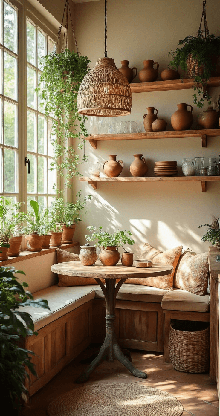 Kitchen Open Shelving: Transform Your Space with Modern Decor Magic A cozy bohemian kitchen nook filled with handmade pottery, hanging plants, and vintage glass in earth tones, showcased on asymmetrical wooden shelves under a rattan pendant lamp. Dappled afternoon light filters through greenery, casting organic shadows on the rich terracotta and sage colors of the space.