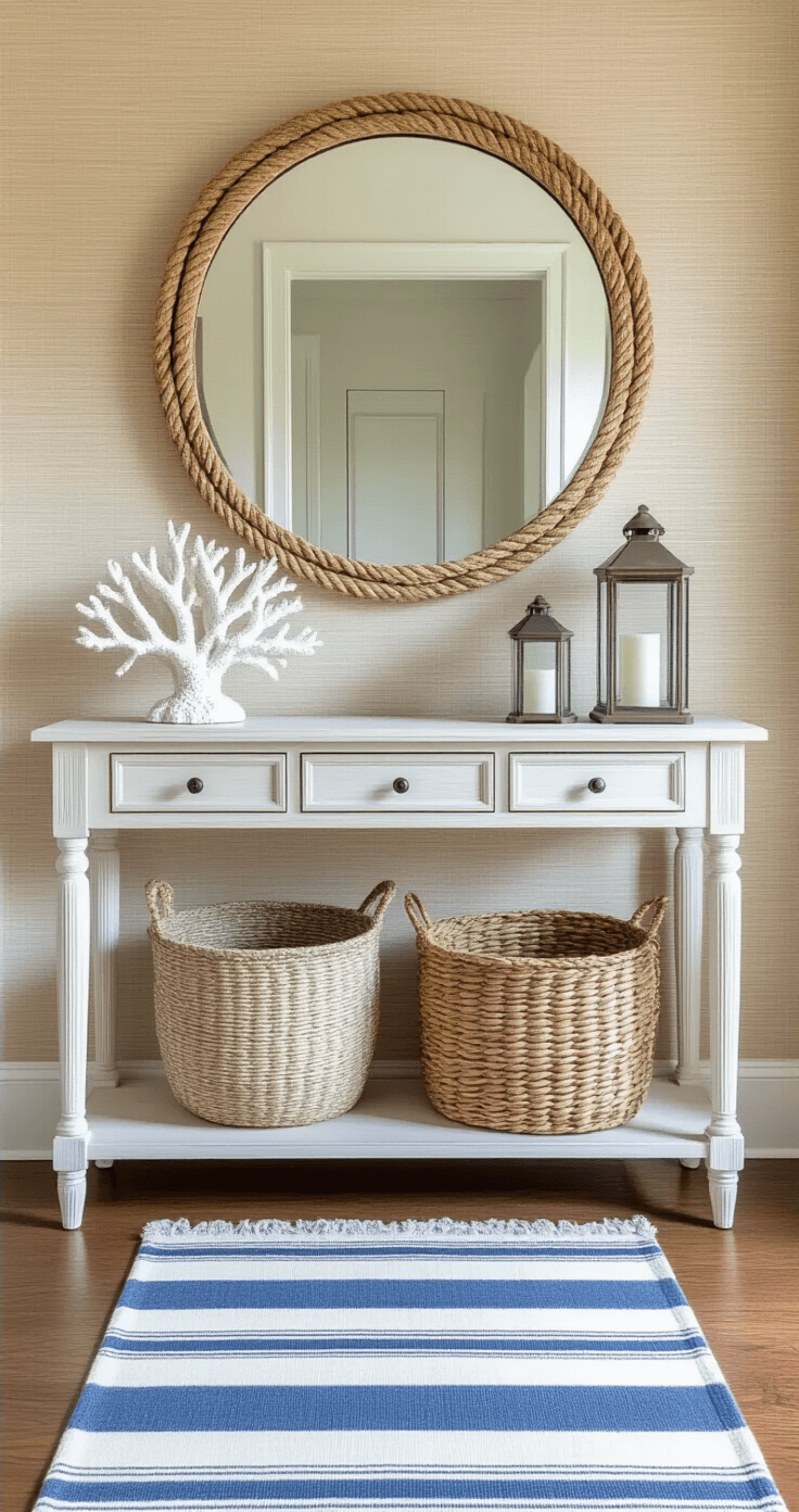 Modern Coastal Decor: Your Ultimate Guide to Creating a Breezy, Chic Living Space Entryway vignette featuring a whitewashed console table against sandy grasscloth wallpaper, illuminated by soft morning light. An oversized round mirror reflects the light, while a blue and white striped vintage runner leads into the space. Decor includes a white coral sculpture, a glass hurricane lantern, and a woven basket, all creating a welcoming and sophisticated atmosphere.