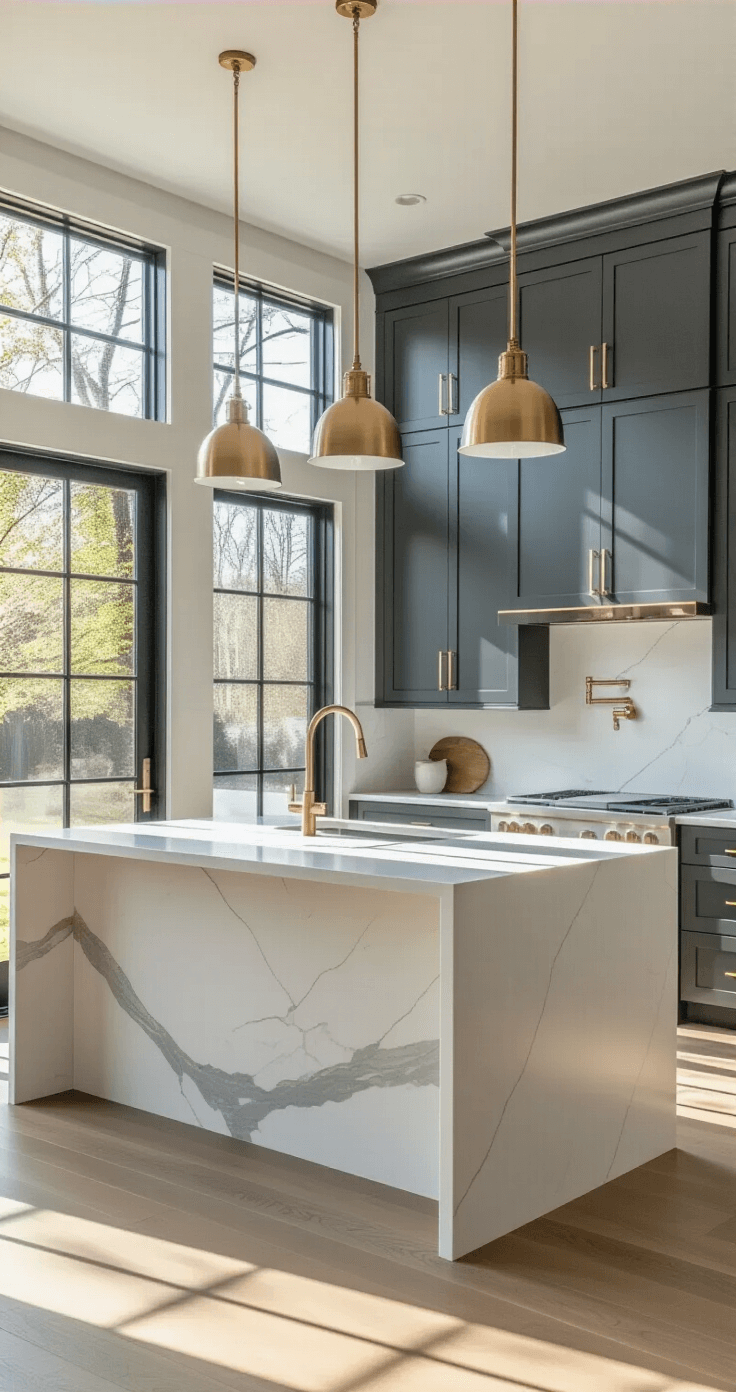 Dark Gray Kitchen Cabinets: The Ultimate Style Guide for a Sophisticated Modern Kitchen Modern kitchen with slate gray shaker cabinets, white quartz waterfall island, and brass pendant lights, illuminated by morning light through floor-to-ceiling windows, featuring a warm ambiance with wide-plank white oak flooring and dramatic shadows.