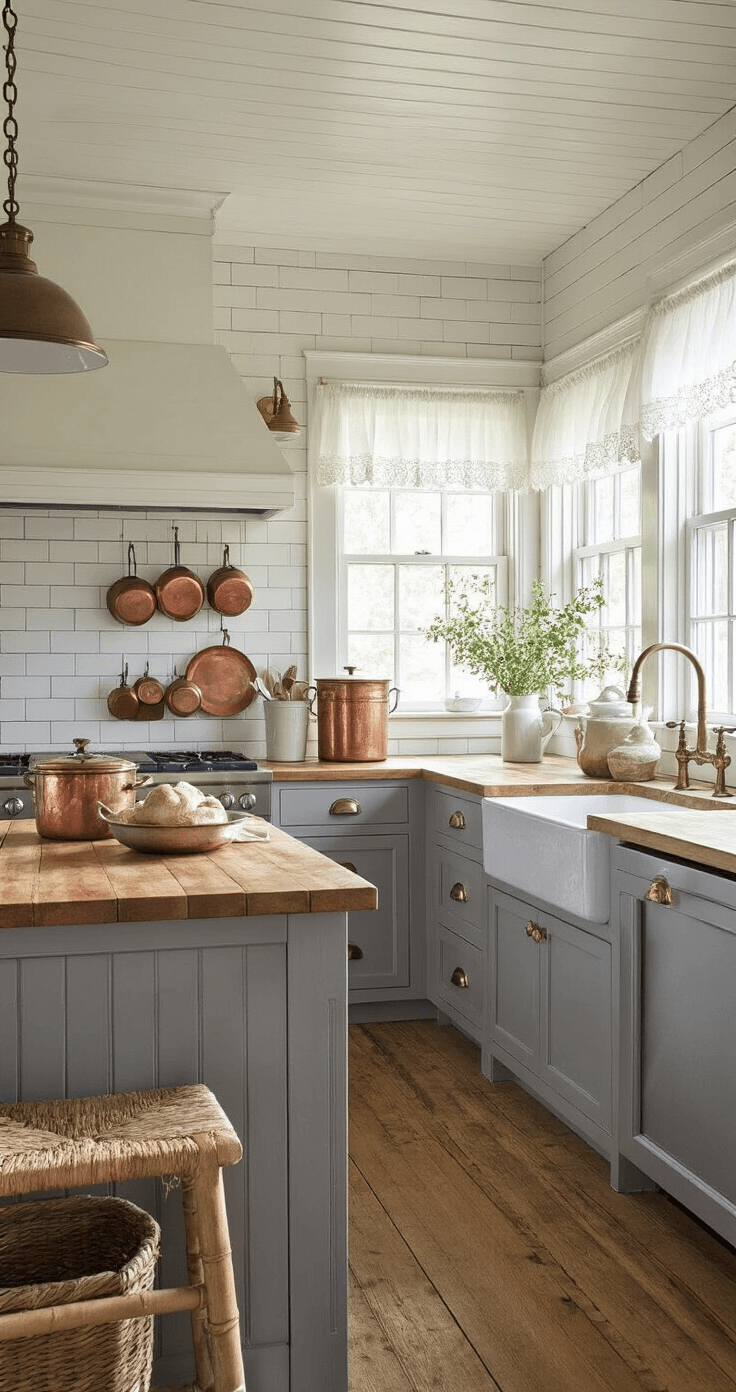Dark Gray Kitchen Cabinets: The Ultimate Style Guide for a Sophisticated Modern Kitchen Cozy farmhouse kitchen featuring slate gray beadboard cabinets, white ship lap ceiling, vintage brass fixtures, and a butcher block island adorned with antique copper pots, illuminated by soft morning light filtered through lace curtains.